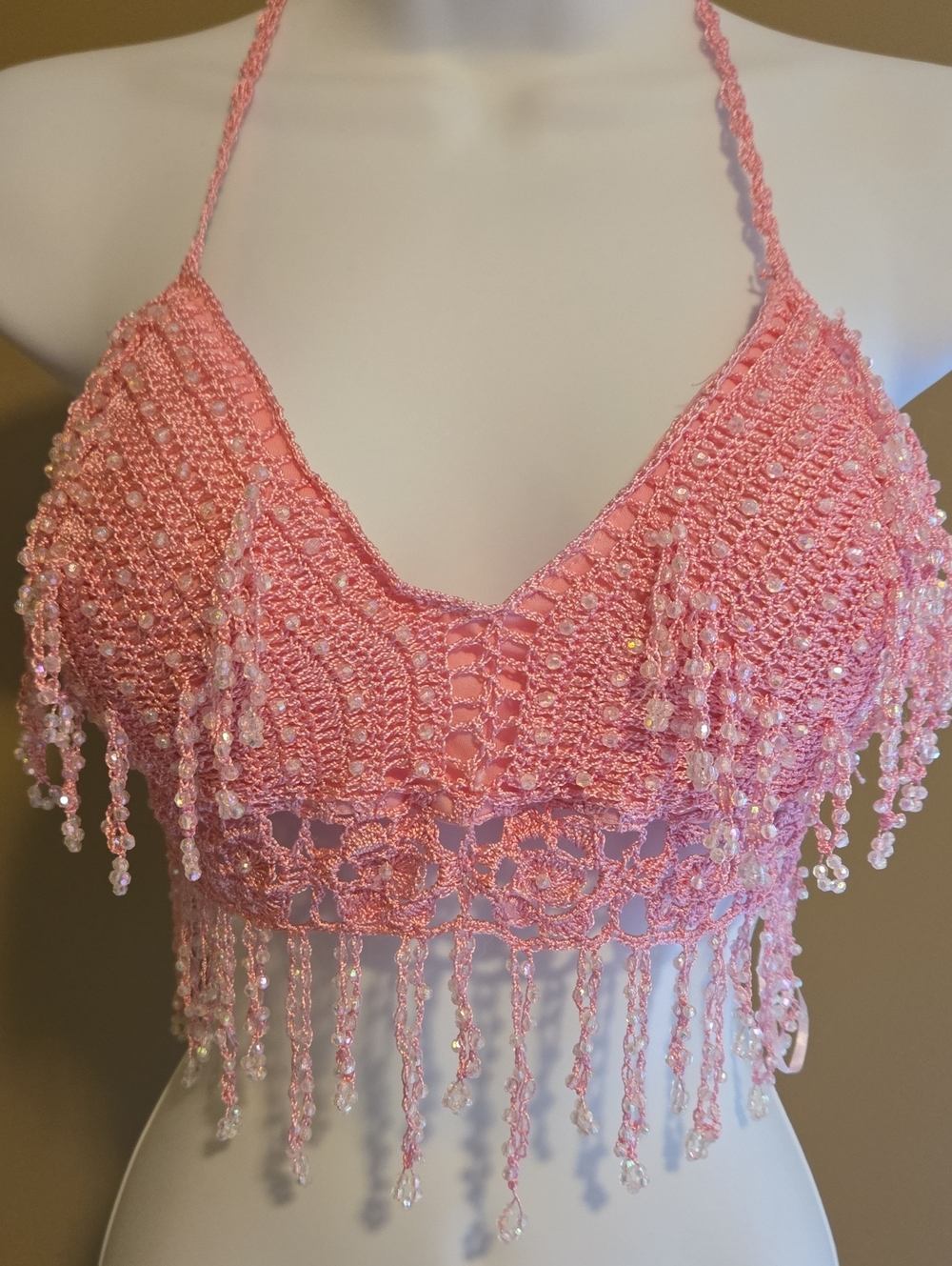 Very Prerty Pink Beaded Crochet Halter Crop Top